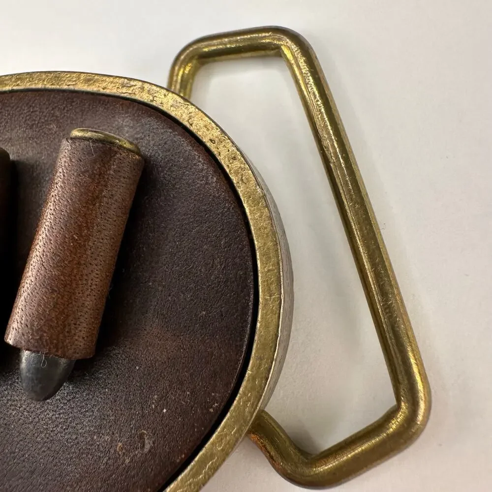 Vintage 1970’s BTS Leather and Brass .22 Caliber Cartridge Slide Belt Buckle
